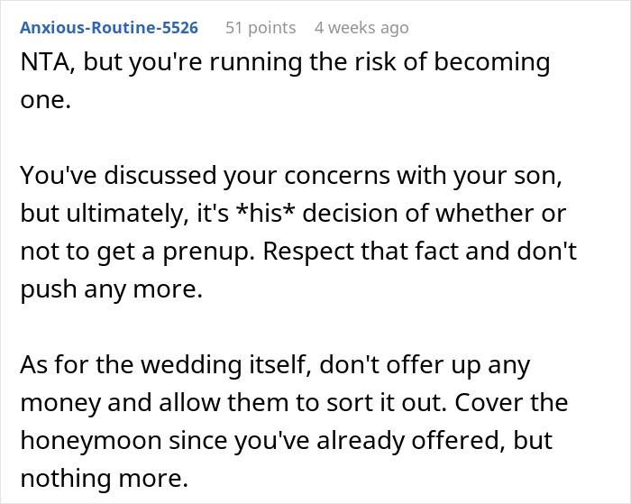 Screenshot of a forum comment discussing concerns about an $80,000 wedding and a prenup request from wealthy in-laws. Screenshot of a forum comment discussing concerns about an $80,000 wedding and a prenup request from wealthy in-laws.