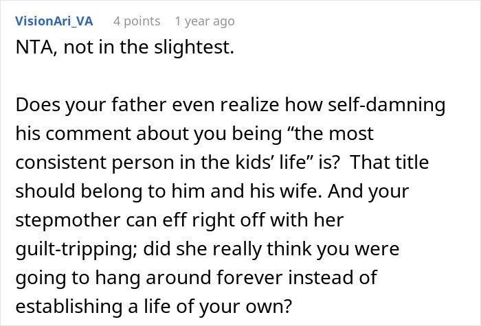 Screenshot of a Reddit comment discussing a teen refusing to babysit step-siblings, causing dad to be upset.