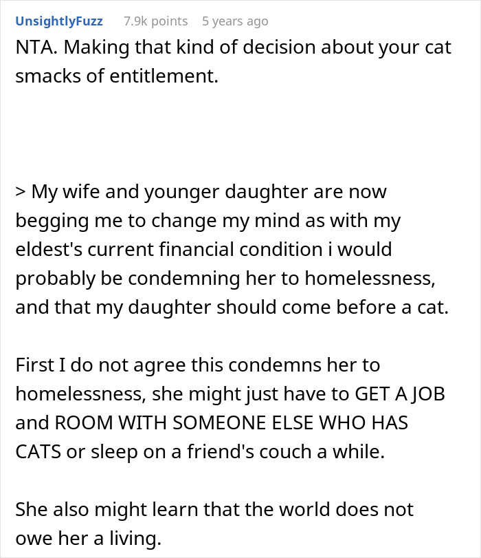 Comment discussing a pregnant daughter deciding to put dad&rsquo;s cat in a shelter over baby safety and family conflict.