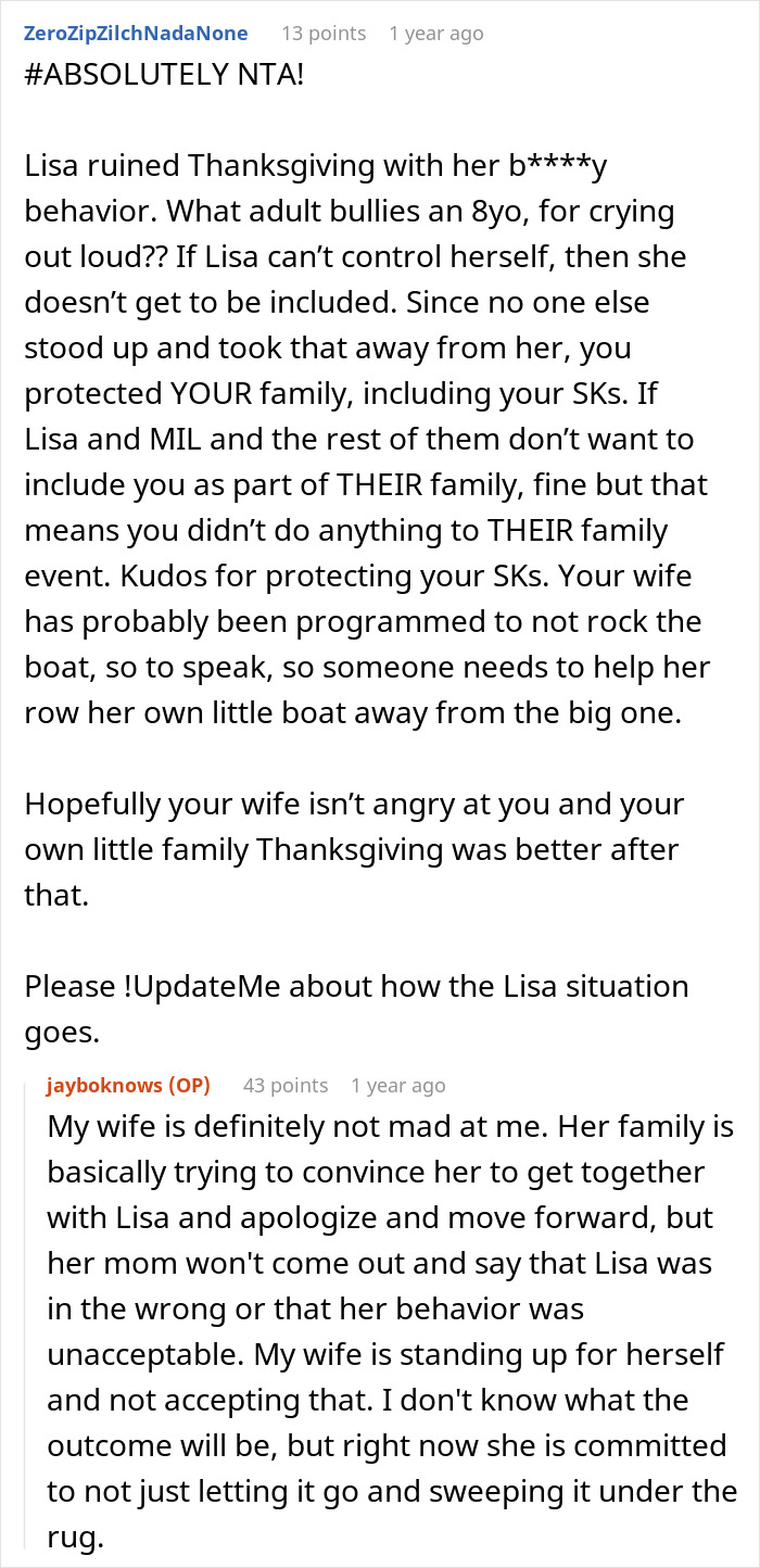 Reddit comments discussing husband dragging wife and kids from Thanksgiving after sister throws a major tantrum.