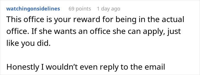 Comment about woman expecting private office back after working from home, discussing reality check on office space availability. Comment about woman expecting private office back after working from home, discussing reality check on office space availability.