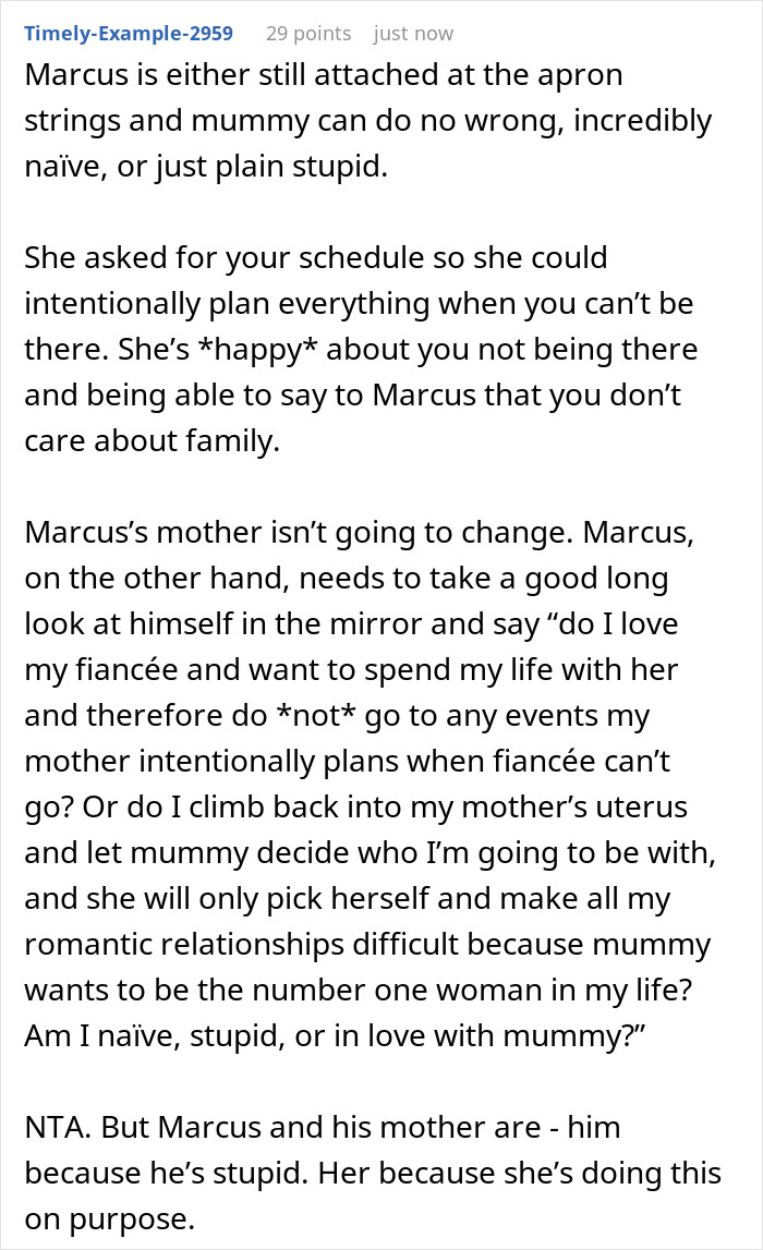 Text post discussing future MIL scheduling family events on days lady is working, causing her to stop attending. Text post discussing future MIL scheduling family events on days lady is working, causing her to stop attending.