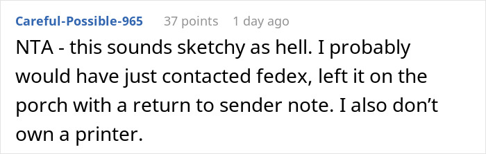 Screenshot of a Reddit comment discussing a company sending packages to the wrong address and expecting return on personal cost.