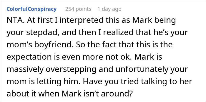 Screenshot of a Reddit comment discussing a guy who thinks his girlfriend’s son is a free babysitter and oversteps boundaries.