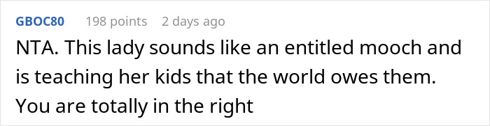 Screenshot of an online comment describing an entitled mother raising hell after being denied entrance at a private party.