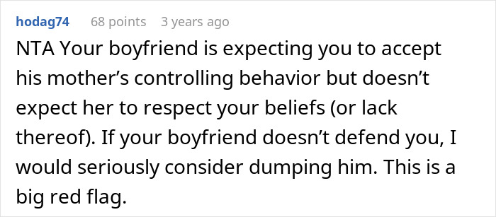 Screenshot of an online comment about a MIL making son's girlfriend sleep in a different room over church and prayer issues.