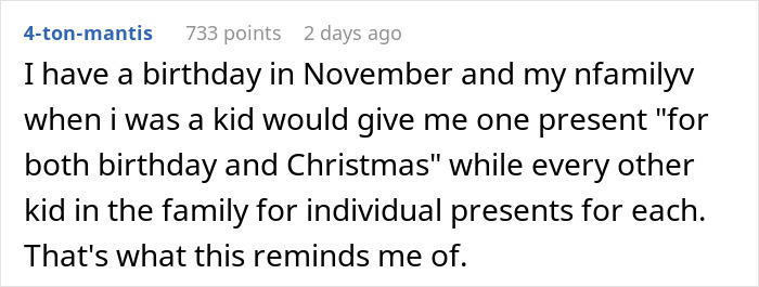 Commenter sharing childhood memory of receiving one combined birthday and Christmas gift instead of separate presents. Commenter sharing childhood memory of receiving one combined birthday and Christmas gift instead of separate presents.