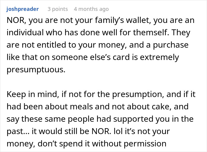 Screenshot of a comment discussing a rich man refusing to pay for a cake his sister-in-law ordered without permission. Screenshot of a comment discussing a rich man refusing to pay for a cake his sister-in-law ordered without permission.