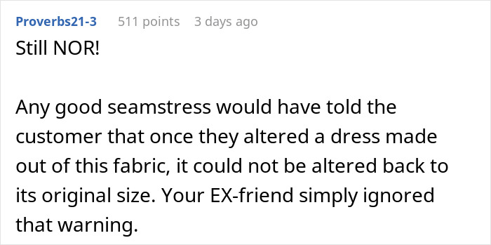 Text post discussing a woman refusing to pay $90 for a borrowed dress she altered without permission.