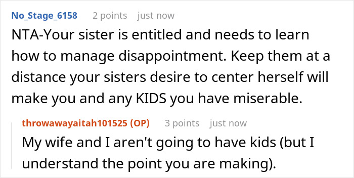 Screenshot of an online discussion where a guy rejects sister's idea for his big wedding, causing family tension over rejection sensitivity. Screenshot of an online discussion where a guy rejects sister's idea for his big wedding, causing family tension over rejection sensitivity.
