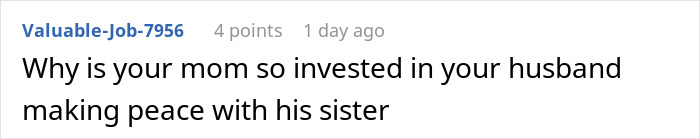 Screenshot of an online comment questioning a mom’s involvement in husband making peace with his sister.