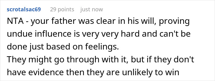 Screenshot of a forum comment discussing entitled siblings' rage after dad cut them from his will, citing undue influence concerns. Screenshot of a forum comment discussing entitled siblings' rage after dad cut them from his will, citing undue influence concerns.