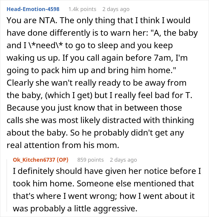 Screenshot of a parenting forum discussing a mom repeatedly calling her friend who babysat overnight, showing mom's panic and concern.