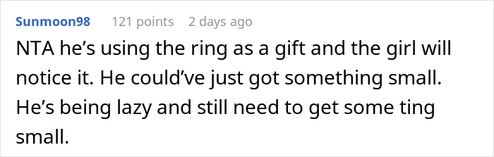 User comment about a man thinking his proposal counts as a Christmas gift, criticized for needing to get a proper gift. User comment about a man thinking his proposal counts as a Christmas gift, criticized for needing to get a proper gift.