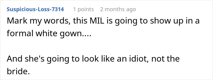 Screenshot of a Reddit comment discussing a mother-in-law's secret wedding invites affecting the bride's family image.