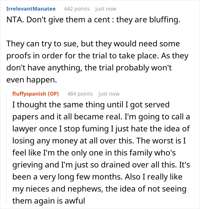 Reddit comments discussing entitled siblings angry after being cut from dad’s will, influenced family dispute and legal concerns.