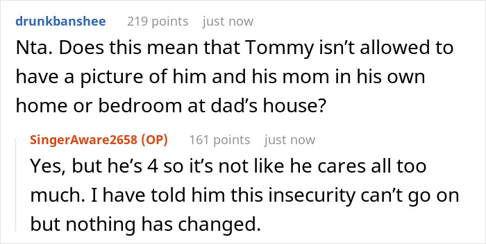 Reddit conversation about a jealous wife upset over hubby’s mom having pictures of his ex in her house.