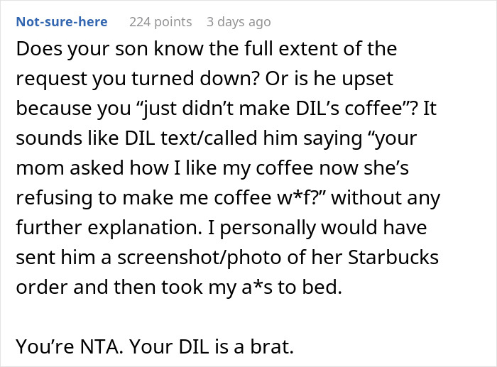Screenshot of a Reddit comment discussing MIL making morning coffee for DIL and ignoring fancy recipe instructions. Screenshot of a Reddit comment discussing MIL making morning coffee for DIL and ignoring fancy recipe instructions.