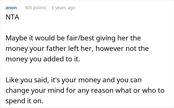 Comment discussing 18-year-old wanting to spend grandpa's inheritance on a BBL while dad refuses college payment.