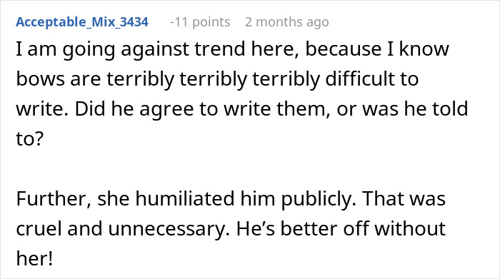 User comment expressing sympathy for guy writing wedding vows with ChatGPT, discussing difficulty of writing and public humiliation. User comment expressing sympathy for guy writing wedding vows with ChatGPT, discussing difficulty of writing and public humiliation.