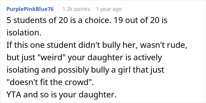 Social media comment criticizing mom and 13YO for excluding a girl, highlighting bullying and social isolation issues. Social media comment criticizing mom and 13YO for excluding a girl, highlighting bullying and social isolation issues.