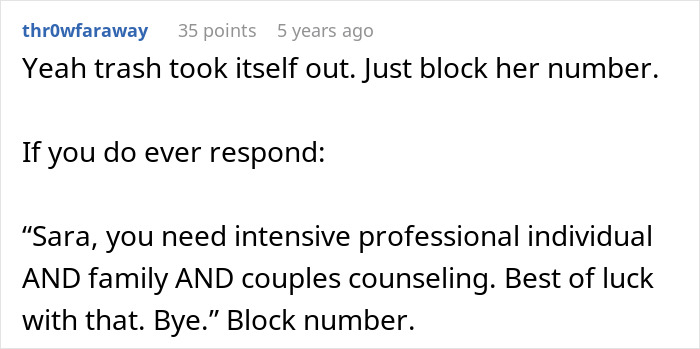 Screenshot of a Reddit comment advising to block a clingy friend's number in a family vacation dispute. Screenshot of a Reddit comment advising to block a clingy friend's number in a family vacation dispute.
