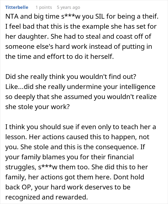 Comment discussing woman stealing SIL’s book, publishing it, and losing every cent made due to theft consequences.