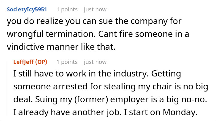 Online forum discussion about person’s $1.8K office chair, wrongful termination, and job loss consequences.