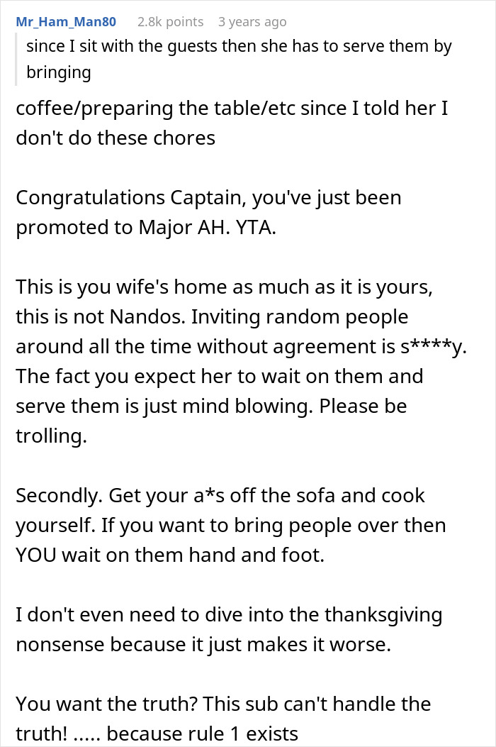 Screenshot of an internet comment criticizing a man for expecting his wife to cook when inviting guests over.