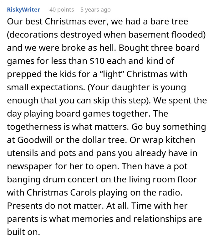 Comment reflecting a father's struggle with affording Christmas and alternative ways to create meaningful memories.
