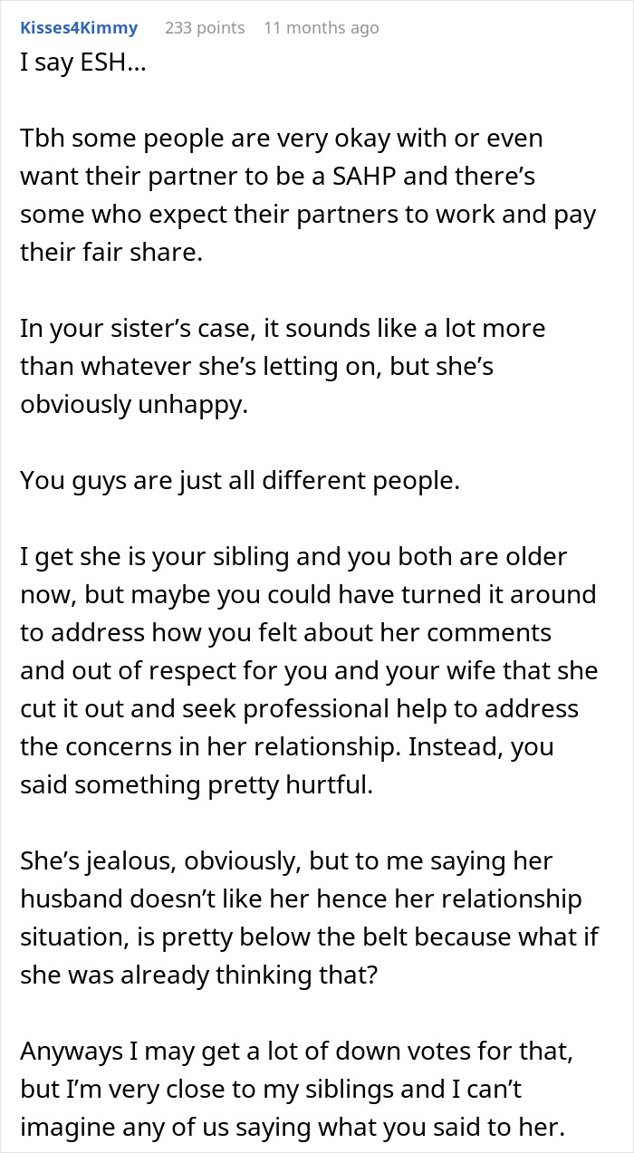 Screenshot of a Reddit comment discussing a guy's affection for his sick wife and sister's jealousy about her husband. Screenshot of a Reddit comment discussing a guy's affection for his sick wife and sister's jealousy about her husband.