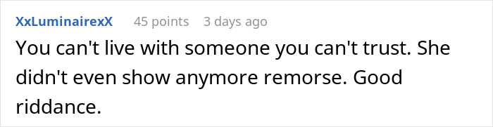 Comment discussing trust issues after a man kicks out girlfriend for secretly clubbing and losing his car. Comment discussing trust issues after a man kicks out girlfriend for secretly clubbing and losing his car.