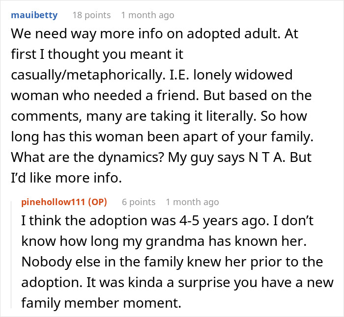 Commenters discussing the dynamics of a woman and her service dog amid Thanksgiving drama and family adoption questions. Commenters discussing the dynamics of a woman and her service dog amid Thanksgiving drama and family adoption questions.