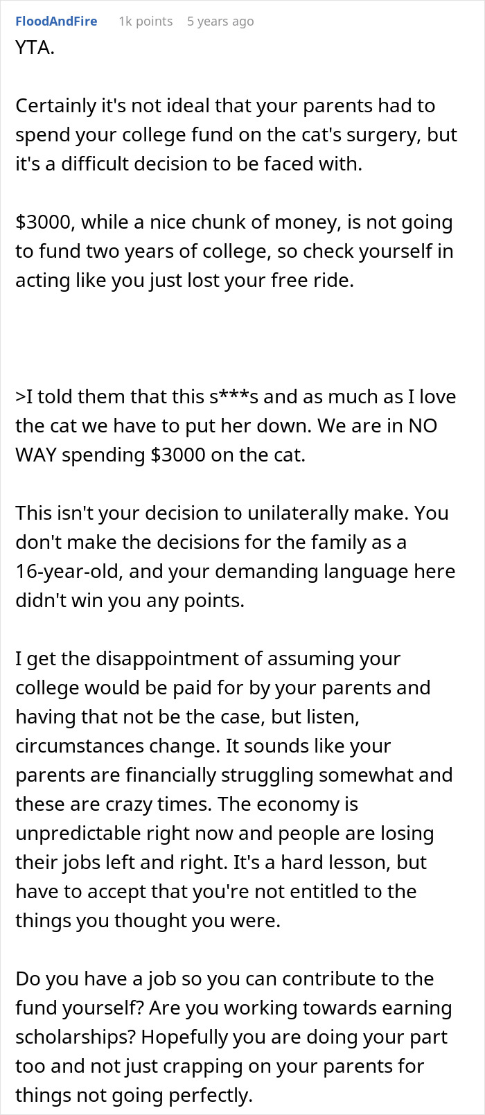 Screenshot of a Reddit comment discussing parents using $3k from 16YO's college fund for cat's surgery and teen's refusal. Screenshot of a Reddit comment discussing parents using $3k from 16YO's college fund for cat's surgery and teen's refusal.