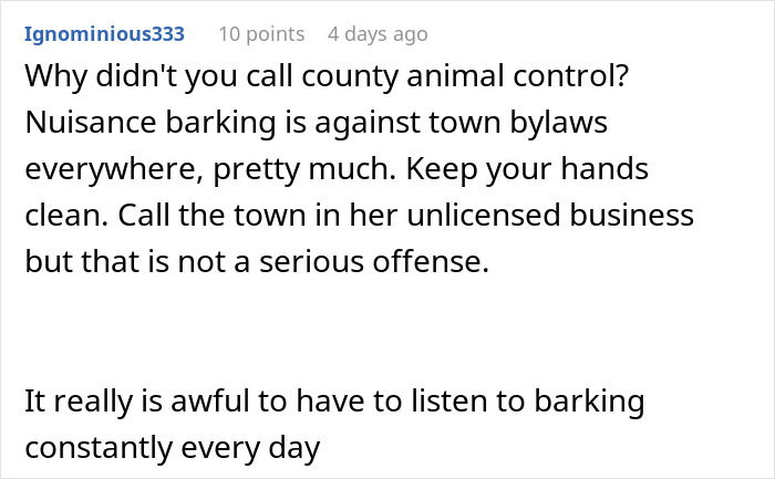 Comment discussing nuisance barking and animal control in relation to neighbors who can't keep their dogs quiet. Comment discussing nuisance barking and animal control in relation to neighbors who can't keep their dogs quiet.
