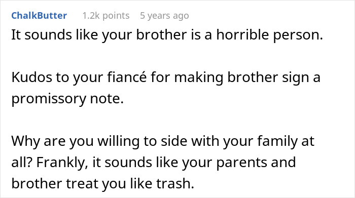 Comment criticizing brother’s behavior and praising fiancé for making brother sign promissory note amid family dispute. Comment criticizing brother’s behavior and praising fiancé for making brother sign promissory note amid family dispute.