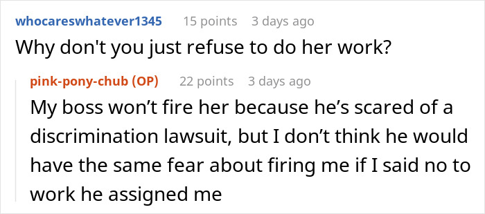 Screenshot of a conversation about a woman eating what she shouldn’t and a coworker dealing with the consequences.