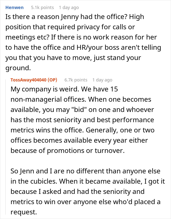 Comments discussing a woman expecting her private office back after working from home and company office allocation rules. Comments discussing a woman expecting her private office back after working from home and company office allocation rules.