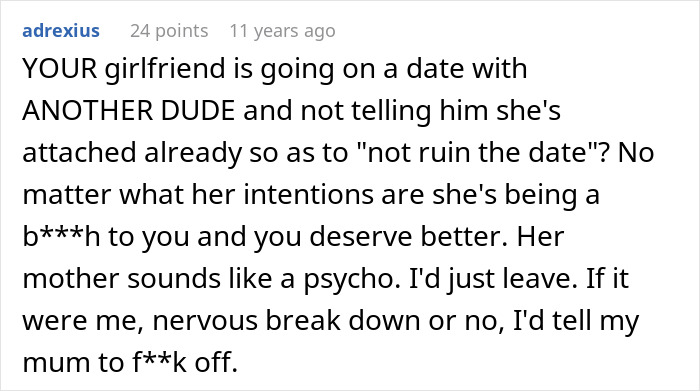 Screenshot of a heated online comment about a mom destroying daughter’s happy relationship after sending her on a date.