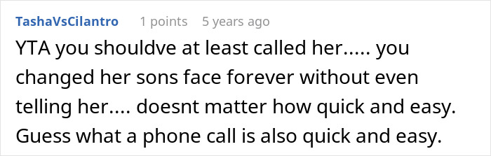 Screenshot of an online comment expressing outrage over dad approving 12-year-old son’s mole removal without mom’s consent. Screenshot of an online comment expressing outrage over dad approving 12-year-old son’s mole removal without mom’s consent.