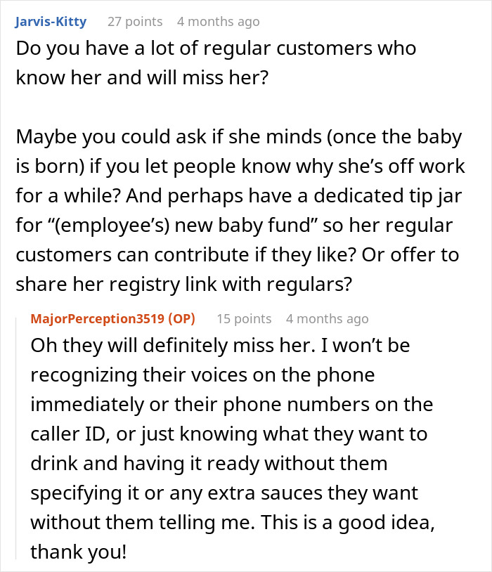 Screenshot of an online discussion about whether a boss should ask an employee if she's pregnant in a right to fire state.