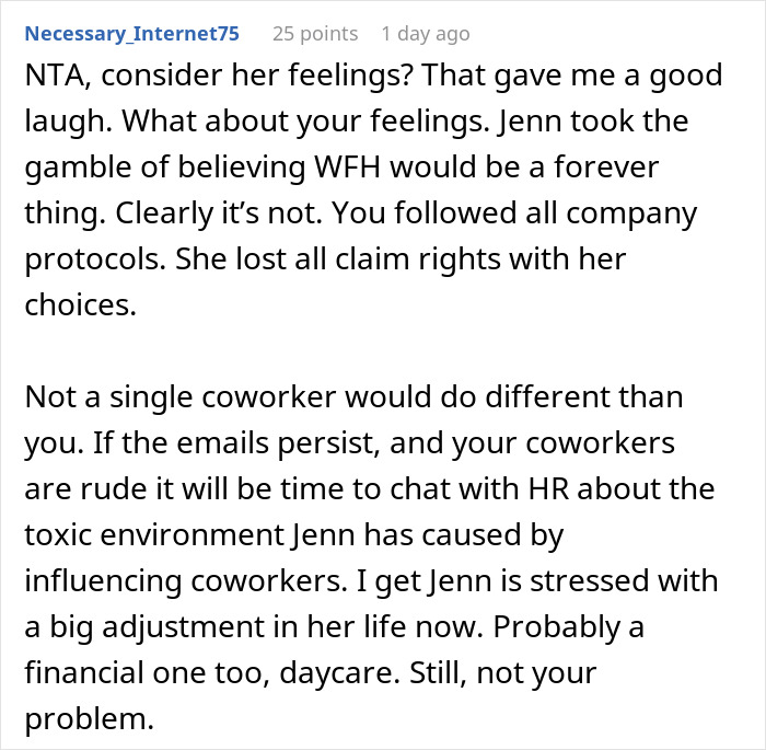 Comment discussing a woman expecting her private office back after working from home for 2 years and facing reality. Comment discussing a woman expecting her private office back after working from home for 2 years and facing reality.