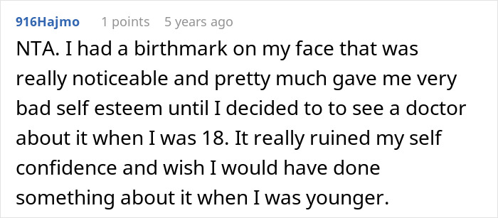 Screenshot of an online comment discussing mole removal and its impact on self-esteem in a cosmetic surgery context. Screenshot of an online comment discussing mole removal and its impact on self-esteem in a cosmetic surgery context.