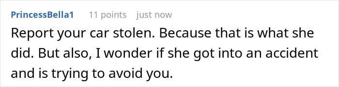 Text conversation screenshot showing a comment about a lady borrowing a car for an hour and keeping it for days.