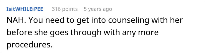 Reddit comment discussing a husband’s brutal honesty about his wife’s plastic surgeries and counseling advice. Reddit comment discussing a husband’s brutal honesty about his wife’s plastic surgeries and counseling advice.