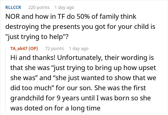 Screenshot of online discussion about family conflict involving destroying child's Christmas presents over charity concerns.