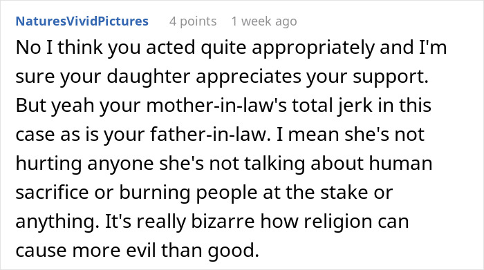 Commenter discusses mom reaching breaking point as in-laws mock daughter's paganism and bring forbidden foods in family conflict.