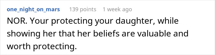 Comment text expressing support for protecting daughter’s pagan beliefs amid family conflict over forbidden foods.