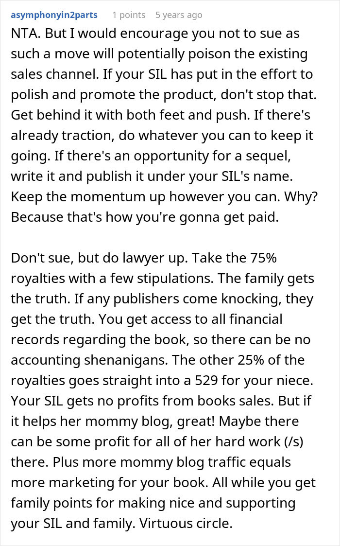 Reddit comment advising not to sue but negotiate royalties after woman steals SIL’s book and faces publishing loss.