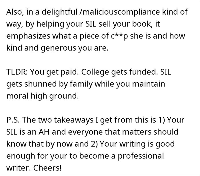 Text excerpt discussing a woman helping her SIL sell a book, highlighting writing and family conflict over stolen work.
